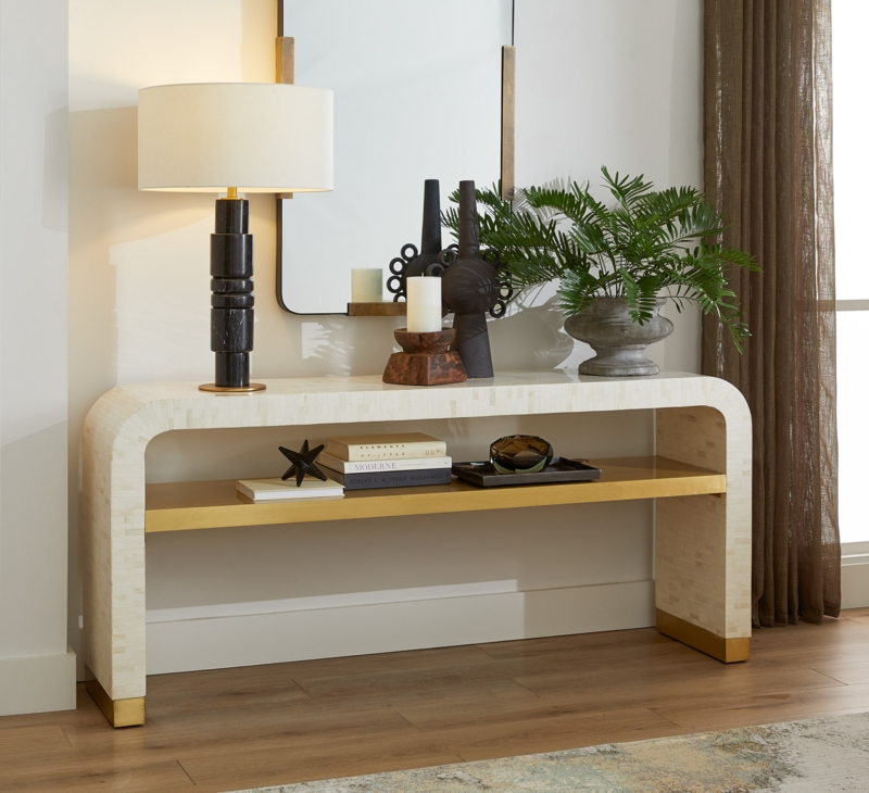 Console Table, Waterfall Bone Tiled Surface & Brass Inlay Shelf