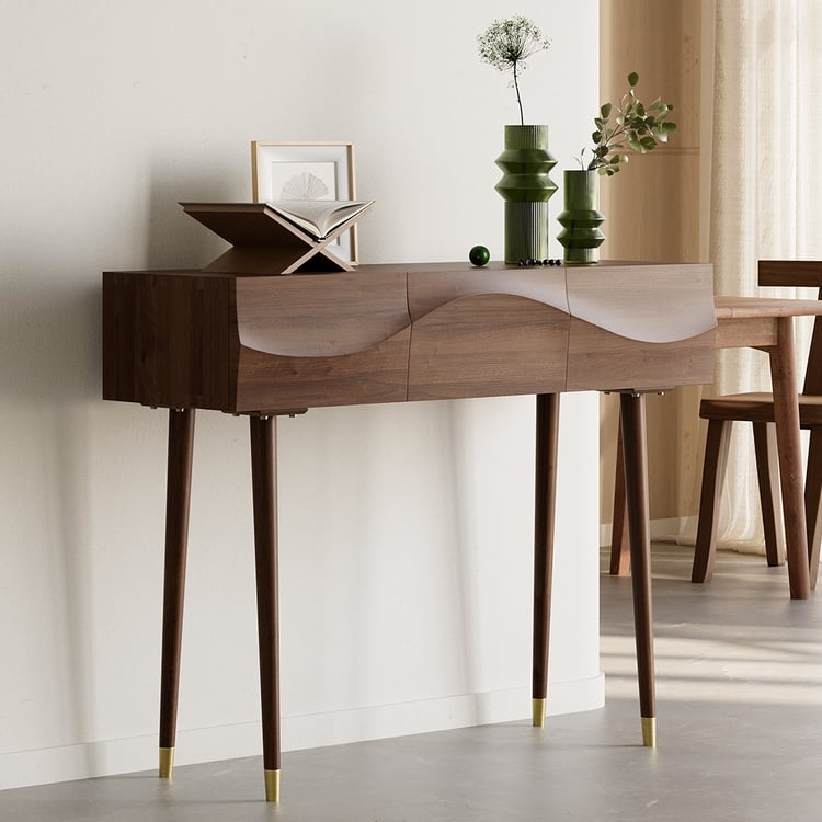 Console Table Wave Carved Drawers Brass Capped Legs Mid-Century