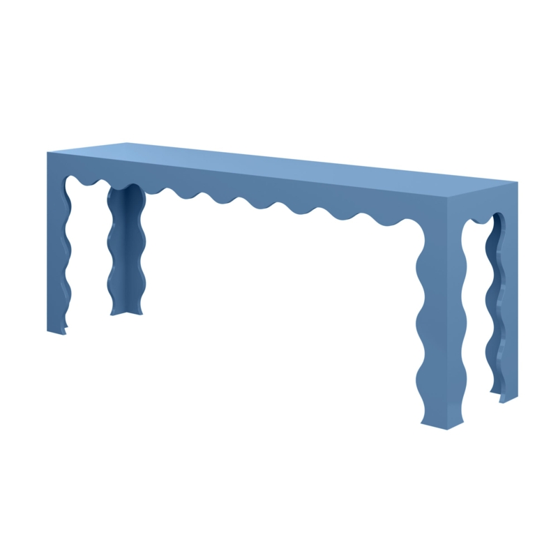 Console Table Wavy Legs Parisian Blue Lacquer Glossy Scalloped Edge Modern