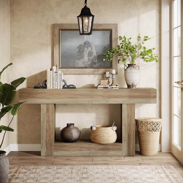 Console Table Weathered Finish Chunky Silhouette Double Shelf Design