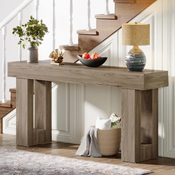Console Table Weathered Gray Finish Chunky Open Frame Legs