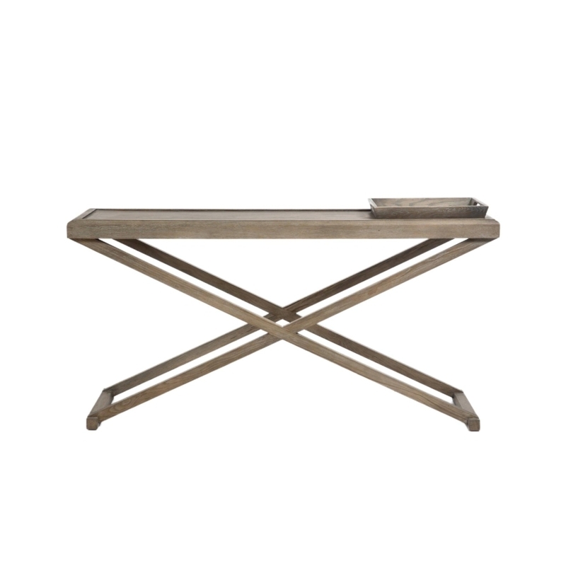 Console Table Weathered Gray Recessed Top X Base Transitional Style