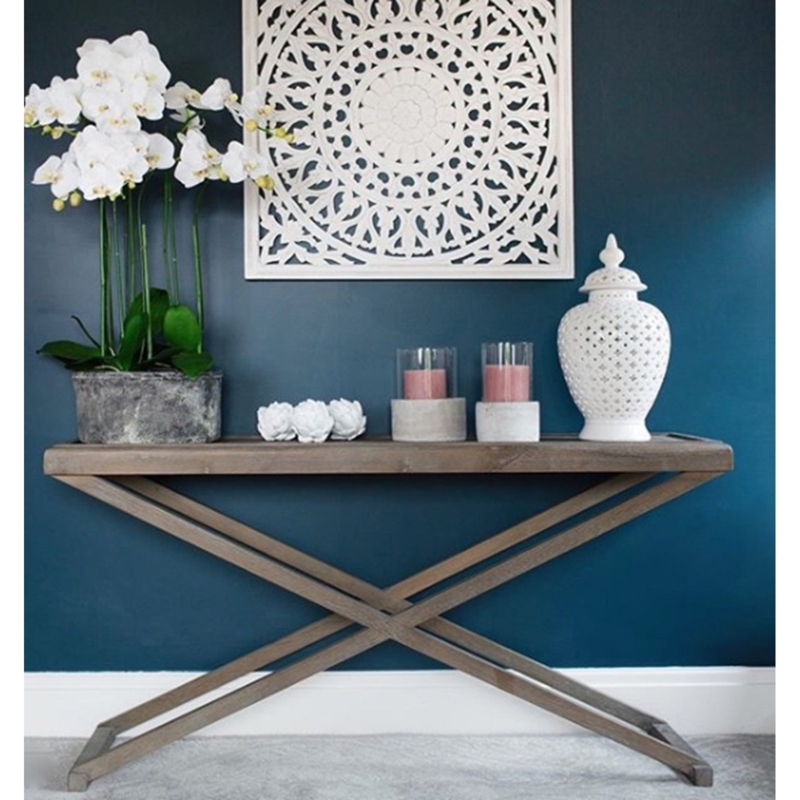 Console Table Weathered Oak Cross Leg Rustic Transitional Foyer Decor