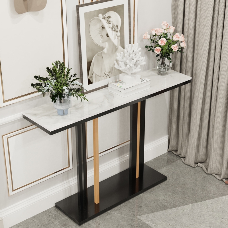 Console Table White Faux Marble Top and Gold Pillar Accent Base