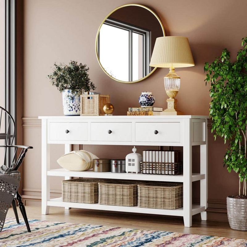 Console Table White Finish Three Drawers Transitional Hallway Table