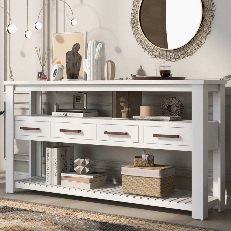 Console Table White Four Drawers Slatted Bottom Shelf Modern Sofa Table