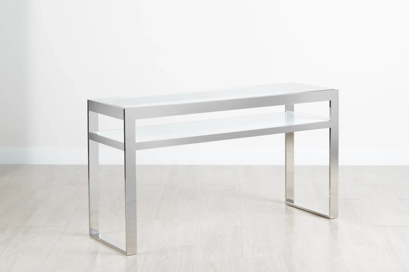 Console Table White Glass Shelves Polished Silver Frame Two Tier Glam