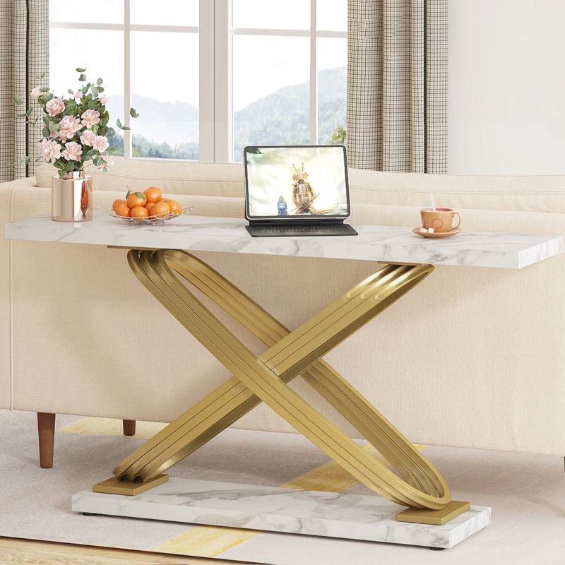 Console Table White Marble Top Gold Interlocking X-Base Narrow