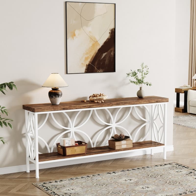 Console Table White Metal Overlapping Circle Frame Two-Tier Wood