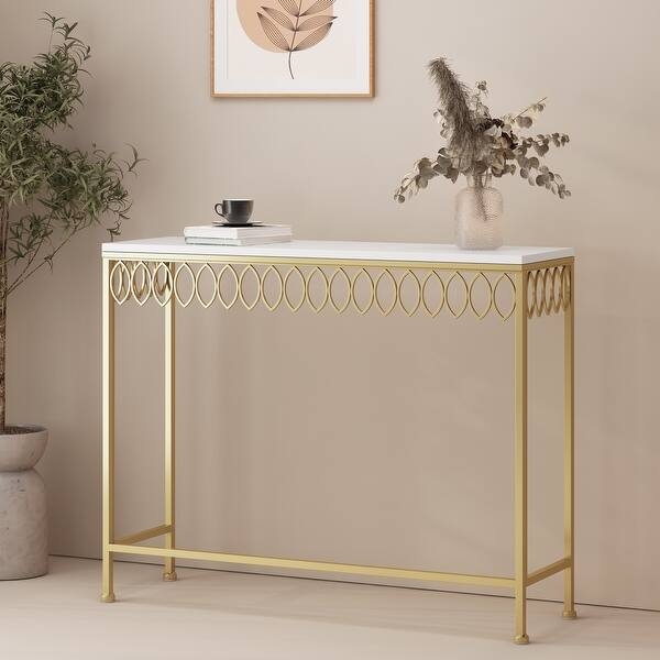 Console Table White Top Gold Frame Petal Cutouts Slim Profile