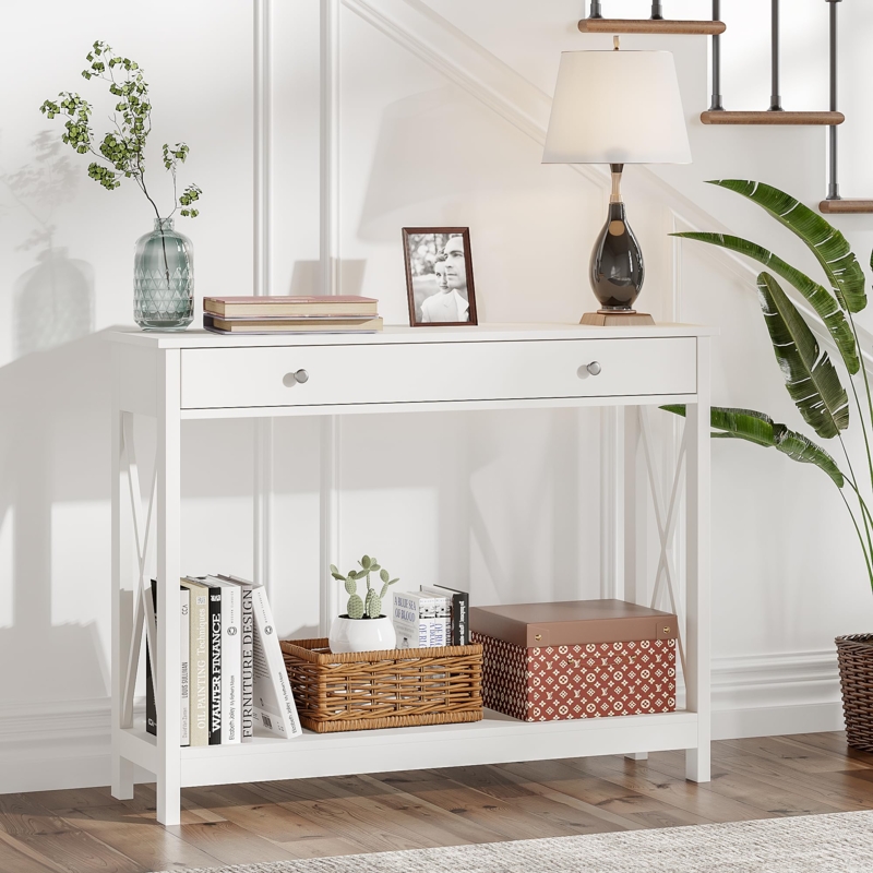 Console Table White X-Frame Slim Foyer Depth Entryway Styling