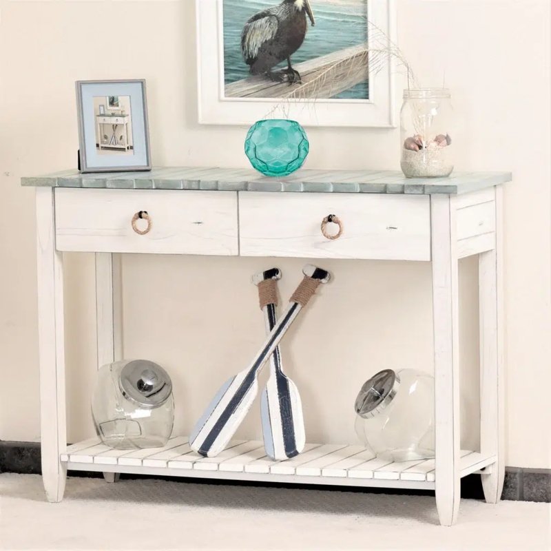 Console Table Whitewashed Distressed Finish Blue Plank Top Coastal