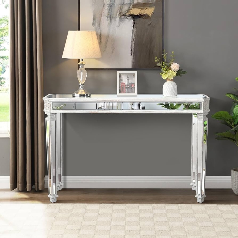 Console Table Whitewashed Mirrored Front Carved Corner Accents Glam
