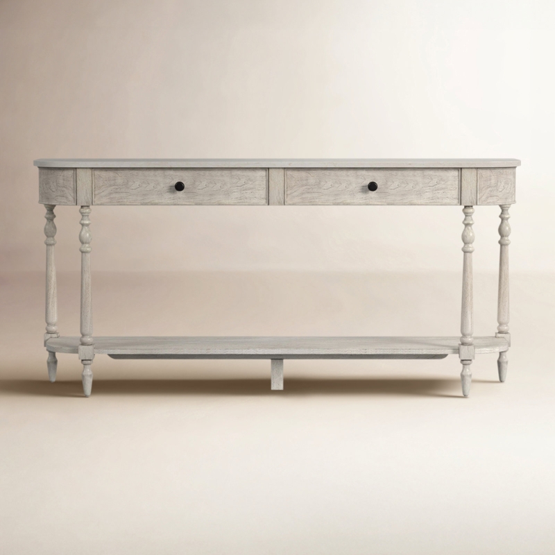 Console Table Whitewashed Wood Turned Legs Marble Top Drawer Storage