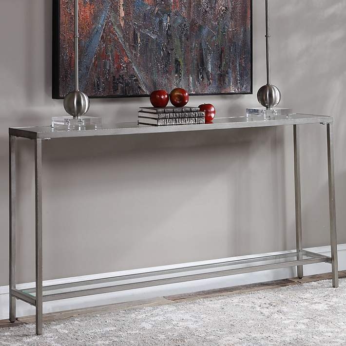 Console Table, Wide 60-inch Silver Metal and Glass Open Frame.