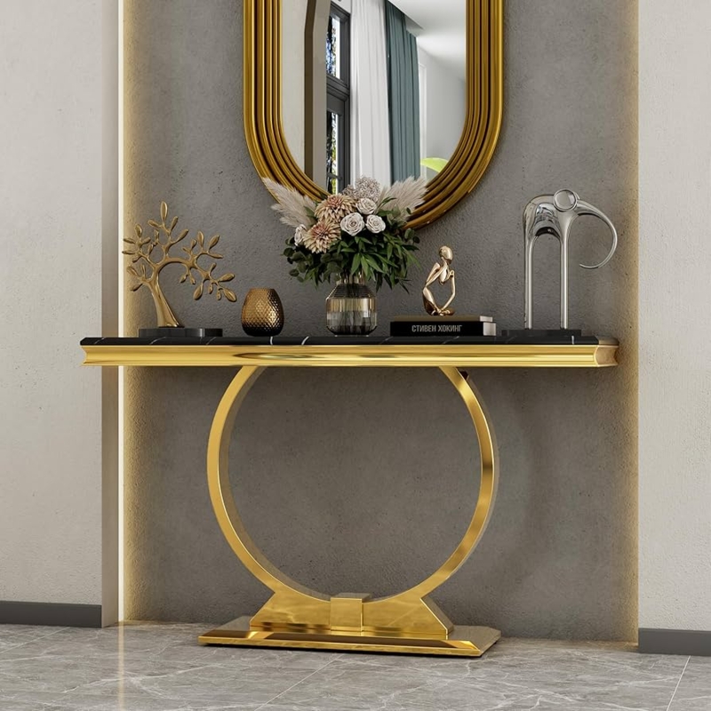 Console Table with Polished Gold Circular Base and Black Top