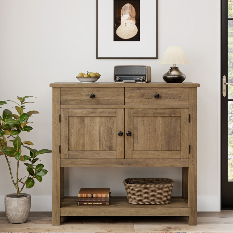 Console Table with Shaker Panels, Black Hardware and Open Shelf