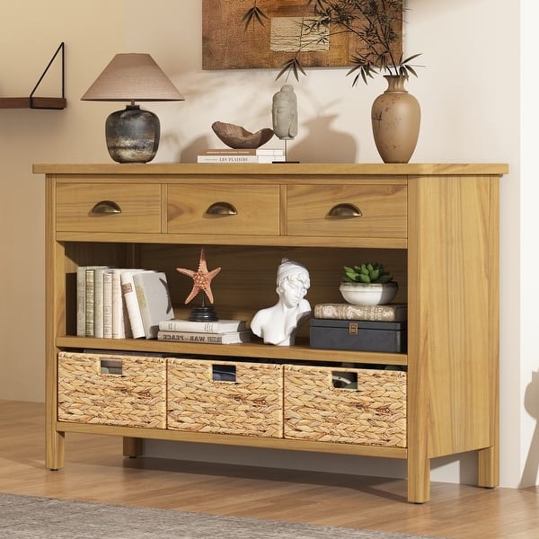 Console Table with Woven Baskets Three Drawers Natural Wood Finish