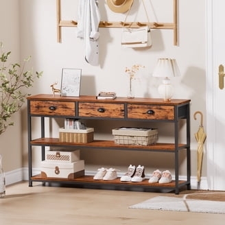 Console Table Wood & Black Metal Frame Three Drawers Industrial Entryway