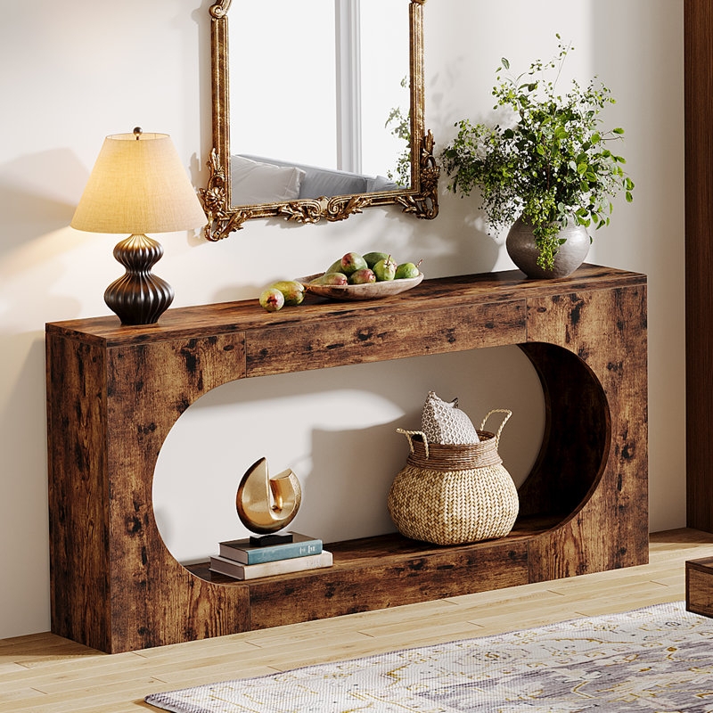 Console Table Wood Oval Cutout Distressed Finish Thick Profile
