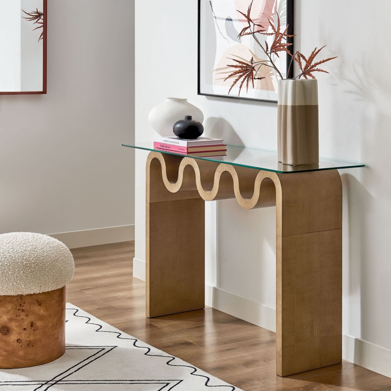 Console Table Wood Toned Wavy Base Glass Top Sculptural Organic Modern