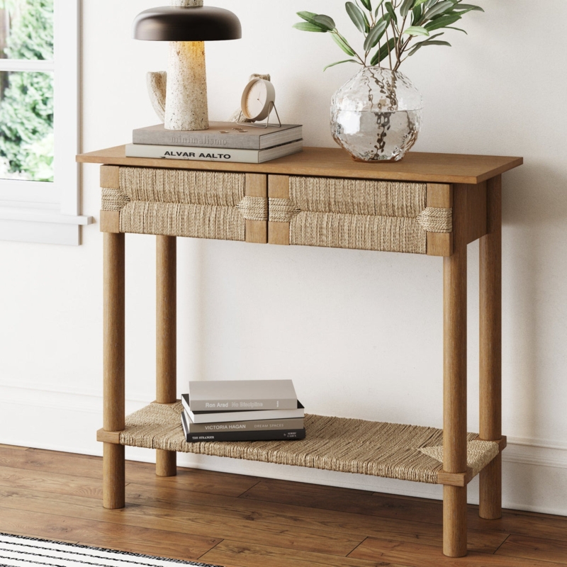 Console Table Woven Seagrass Drawers Cylindrical Legs Textured Shelf