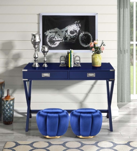 Console Table X Frame Legs Campaign Style Accents Silver Finish Modern Glam