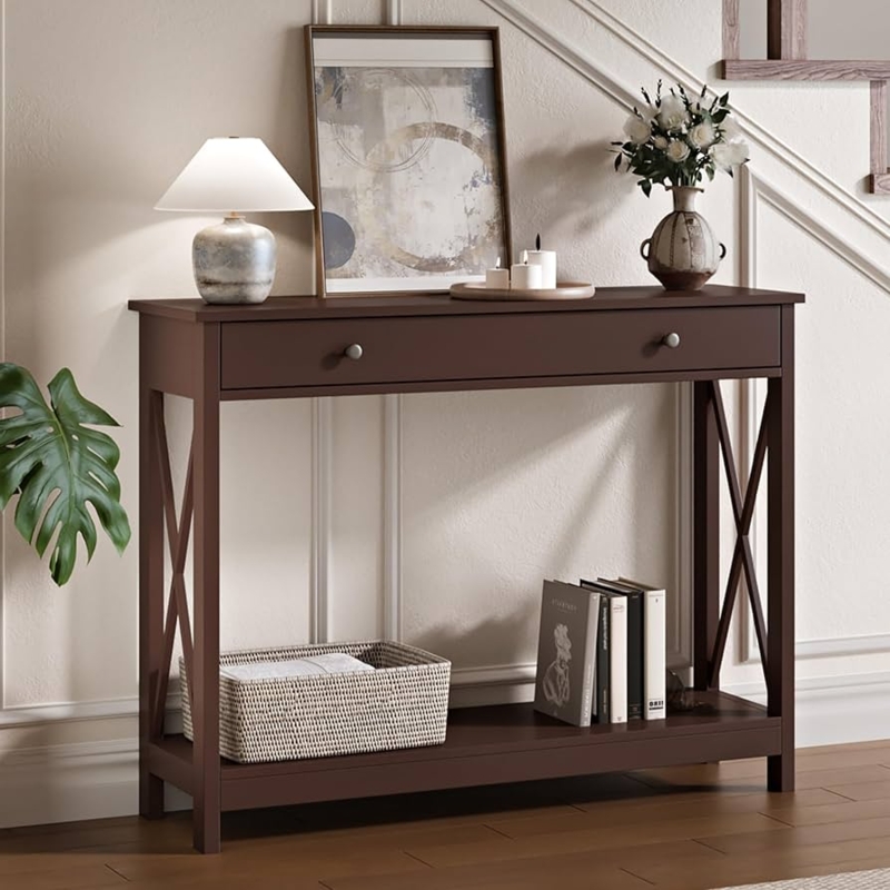 Console Table X Frame Sides Single Drawer Transitional Hallway Storage