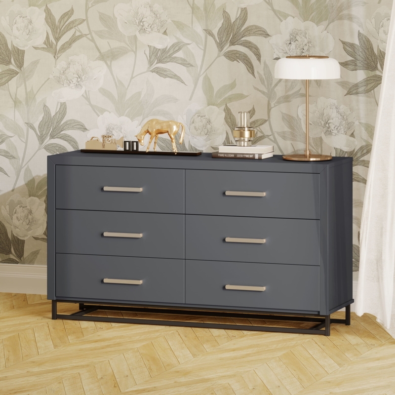 Contemporary 6 Drawer Double Dresser Dark Gray Sled Base