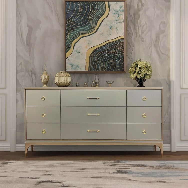 Contemporary 9-Drawer Dresser: Champagne Finish, Mixed Hardware (71 chars)