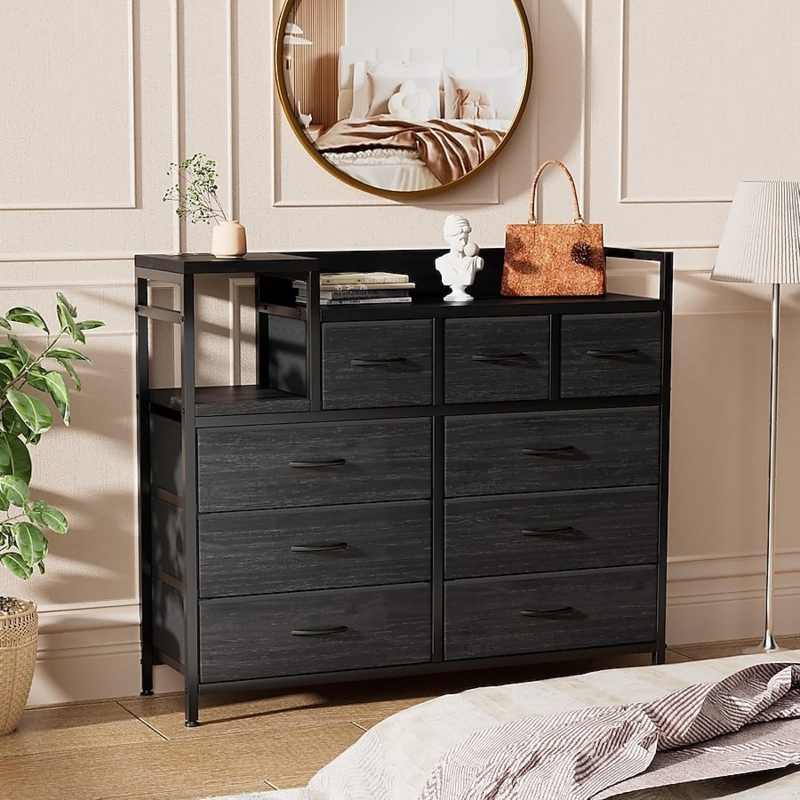 Contemporary 9-Drawer Dresser with Asymmetrical Top and Fabric Drawers