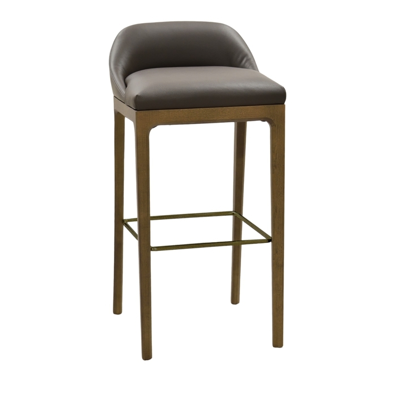 Contemporary Bar Stool Grey Upholstery Ash Wood Tone Brass Footrest