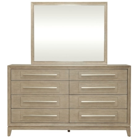 Contemporary Beige Dresser with Mirror Matte Finish Recessed Panels