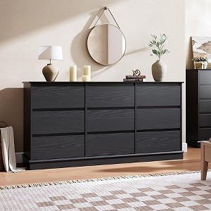 Contemporary Black Wood Grain 9-Drawer Dresser, Handleless Design