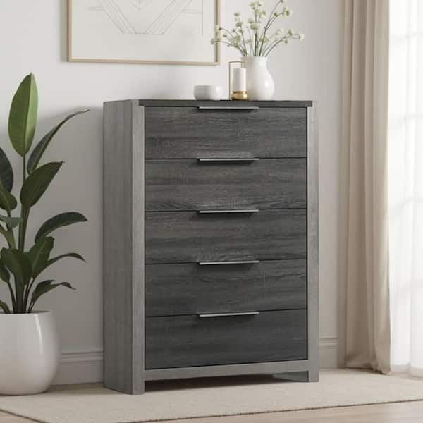 Contemporary Chest of Drawers Charcoal Wood Grain Slim Metal Pulls