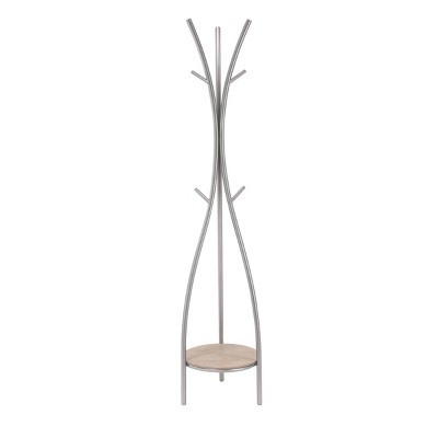 Contemporary Coat Rack, Brushed Silver Curved Frame, Integrated Shelf