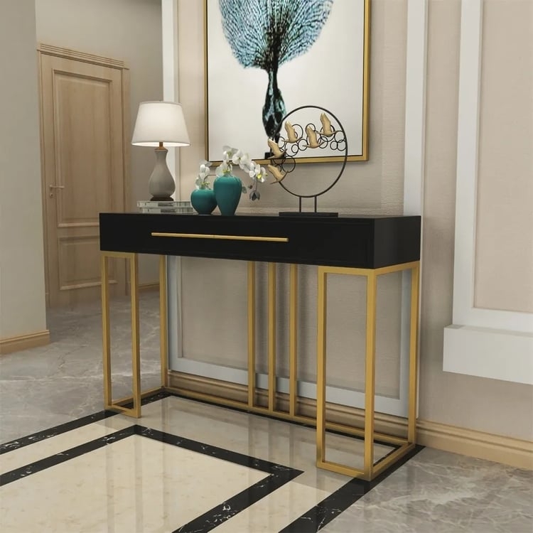 Contemporary Console Table with Gold Open Frame and Black Top Contrast