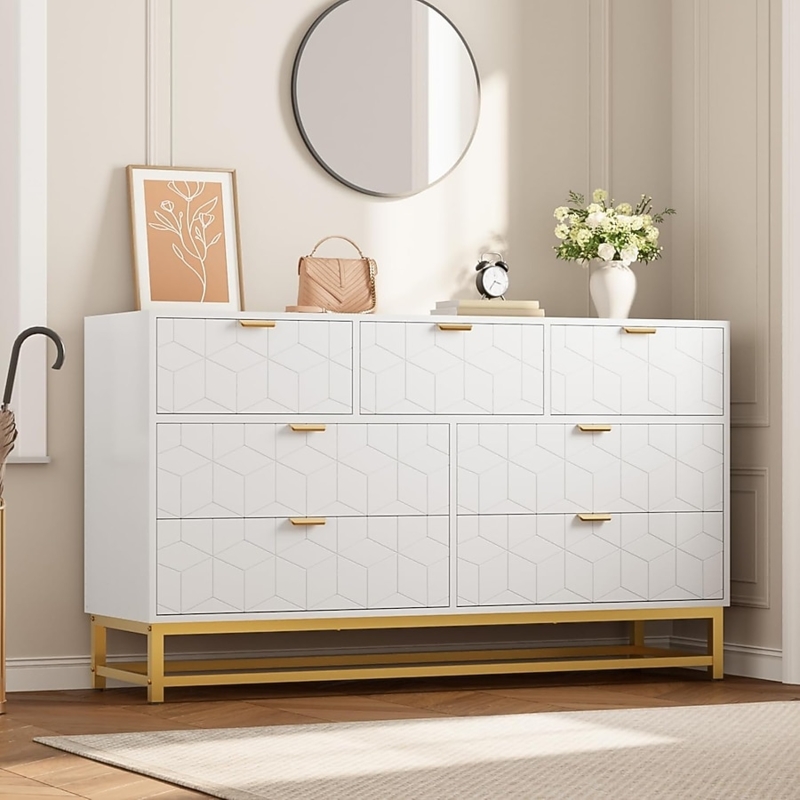 Contemporary Dresser: Geometric 3D Relief Pattern, Gold Legs (69 chars)