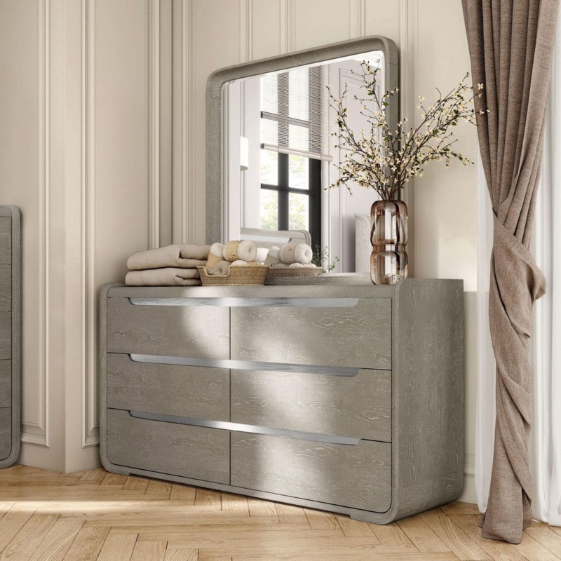 Contemporary Dresser with Rounded Corners and Metallic Inset Pulls