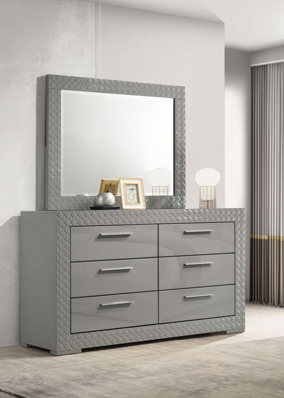 Contemporary Gray High Gloss Dresser with Diamond Pattern Border