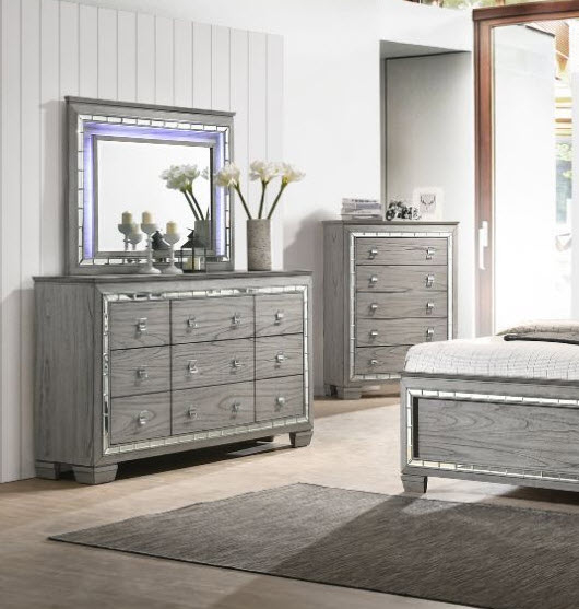 Contemporary Light Gray Wood Dresser with Mirrored Trim