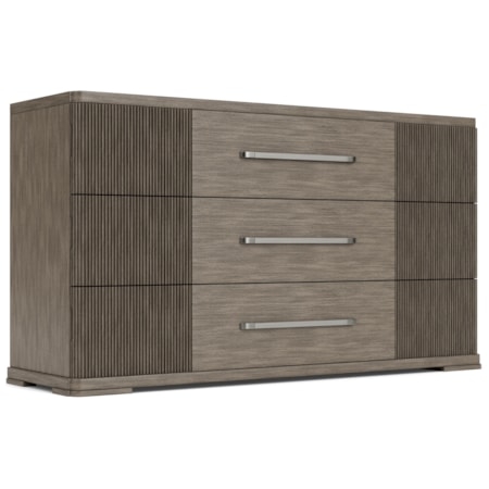Contemporary Ribbed Wood Dresser Taupe Finish Rounded Corners Plinth Base