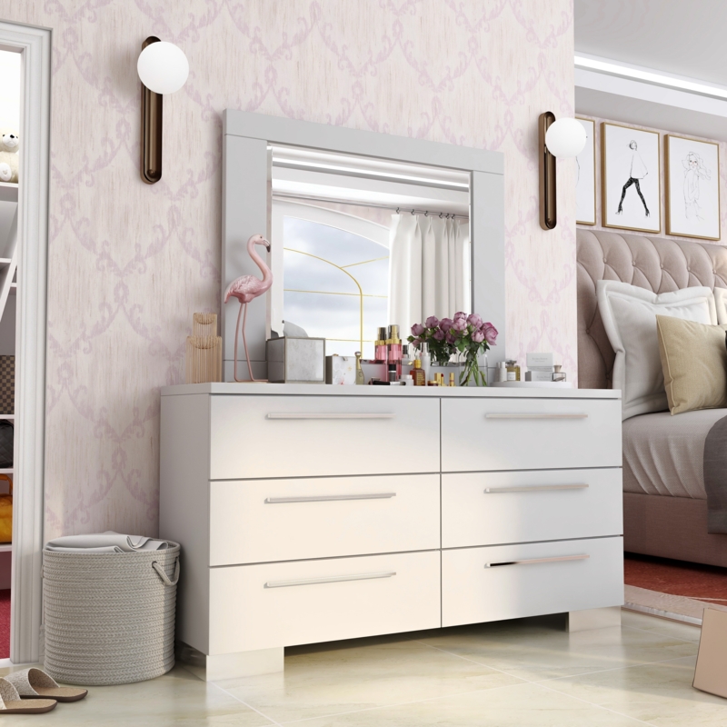 Contemporary White Dresser with Oversized Mirror Frame and Bar Pulls