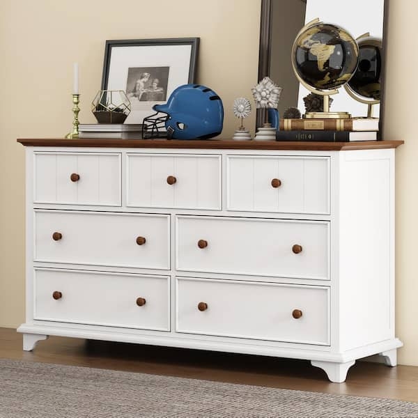 Cottage Style White Dresser with Wood Top and Round Wood Knobs