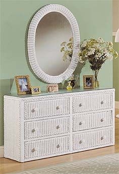 Cottage Style Wicker Double Dresser with an Oval Mirror
