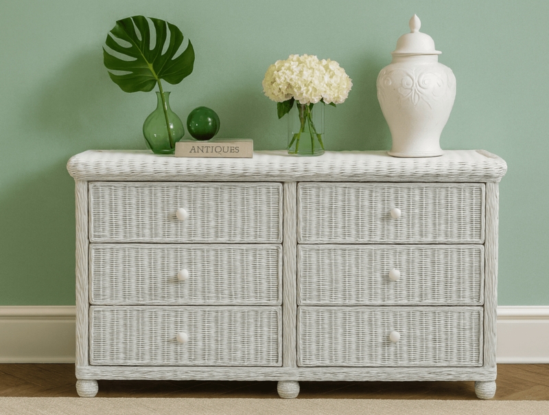 Cottage Wicker Double Dresser with Bun Feet for Coastal Storage