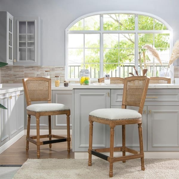 Counter Bar Stool, Rattan Wicker Back, White Upholstery, Nailhead Trim