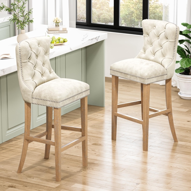 Counter Height Bar Stool Distressed Light Wood Legs Tufted Nailhead