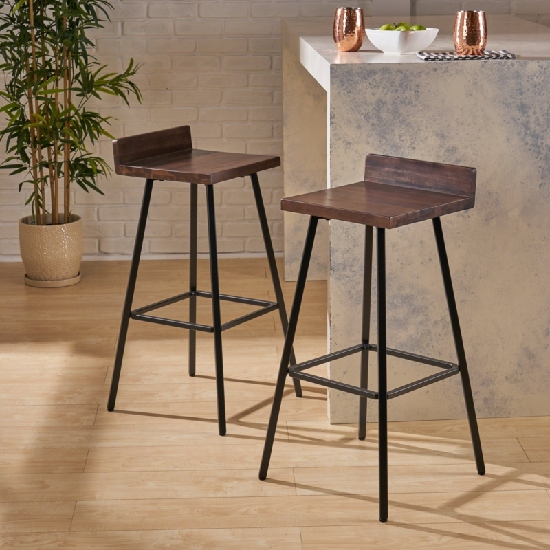 Counter Height Stools: Iron Art Frame, Wood Toned Top, Low Backrest