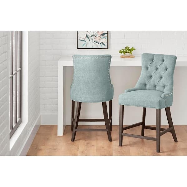 Counter Stool, Aloe Blue, Tufted Back, Nailhead Trim, Dark Legs